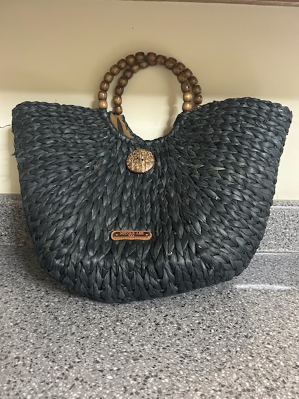Nicole Lee Black Woven Tote with Wooden Bead Handles